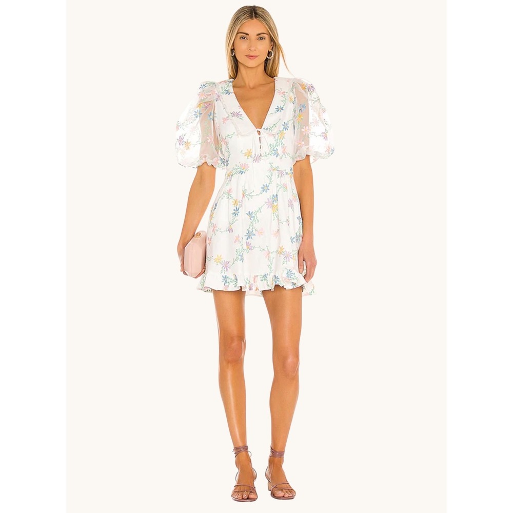 For Love & Lemons White Embroidered Floral Mini Dress‎ Sheer Puff Sleeve Small